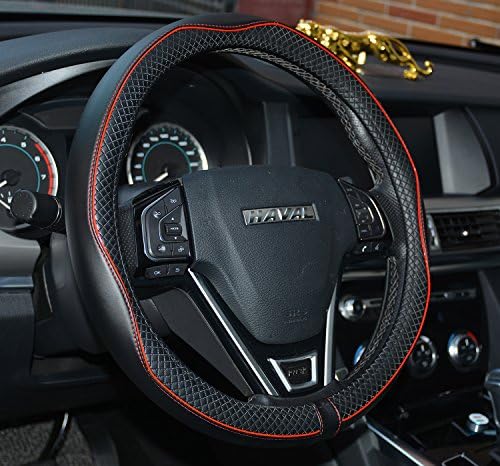 Rueesh Car Steering Wheel Cover - Genuine Leather, Heavy Duty, Thick, Elegant, Anti-Slip, 14 1/4 Inch Small Size - Black with Red Line