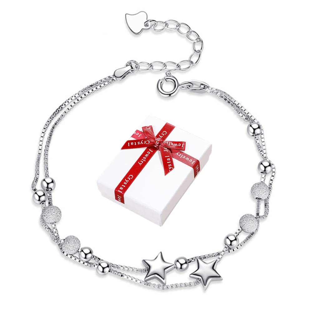 Liitata Stars Chain Bracelet 925 Sterling Silver Mini Stars Beaded Charm Bracelets Adjustable Layered Friendship Link Bracelet for Women Girls Girlfriend Birthday Gifts Souvenir Style 3