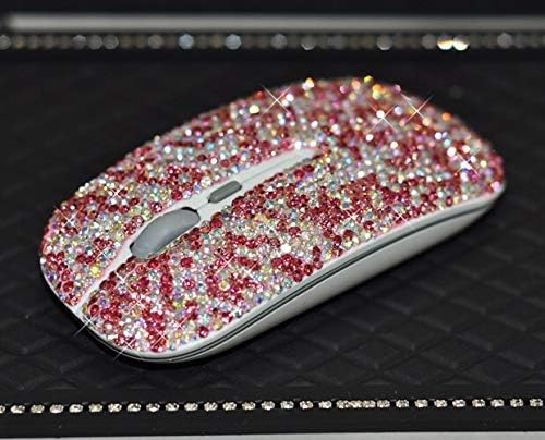 TISHAA Bling Lovely Pink Dazzling Wireless Mouse Covered with Rhinestone Crystal with USB Receiver,Slimline Flat Computer Laptop Mouse,Great Gift idea for Her (Pink Mouse)