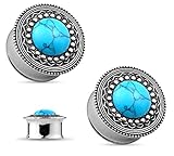 Pair of Turquoise Tribal Shield Top Double Flared Ear Plug Gauges Piercings - 11 Sizes Available