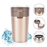 Stainless Steel Insulated Travel Coffee Mug, Rainbrace Double Wall Insulated Coffee Mug Travel Mug Cup Water Bottle Wide Mouth With One Hand Flip Lid 300 ml/10 oz Keep Hot or Cold for Hours(Gold)