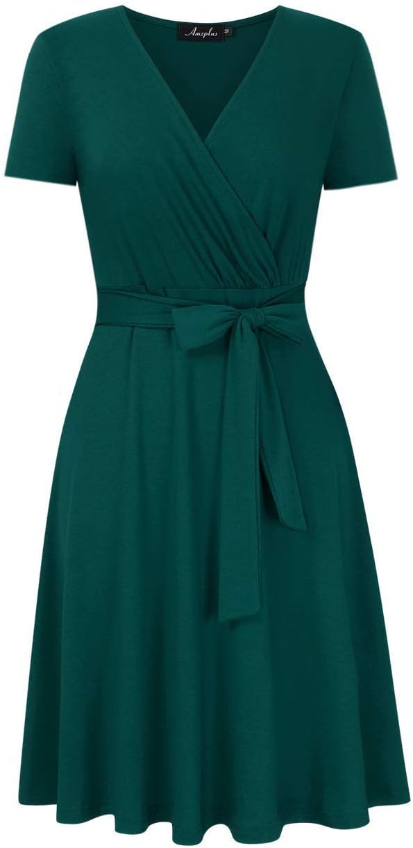Womens V-Neck 3/4 Sleeve A Line Midi Faux Wrap Plus Size Cocktail Party Swing Dress
