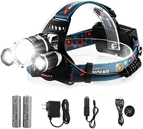 totobay Waterproof 5000Lm LED Headlamp with 4 Mode-Hands Free Headlight Flashlight Torch+2 Pcs18650 Rechargeable Batteries+AC Charger+Car Charger for Camping Biking Hunting Fishing Outdoor Sports