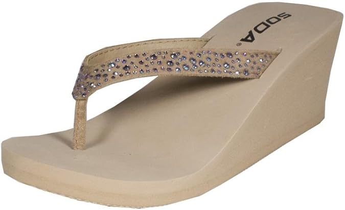 Amazon.com | SODA Letme Studded Faux Suede Strap Platform Wedge Thong Sandal, Oatmeal eva, 8 M 