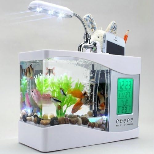 Mini USB LCD Desktop Lamp Light Fish Tank Aquarium LED Clock white + 1bag stone + a USB cable + 1 water plant,USB Desktop Aquarium Small fish tank by Traitonline