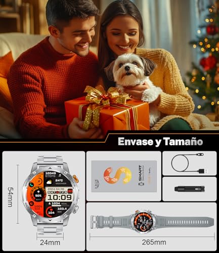 LIMIGE Men's Smart Watch, 1000 mAh, 3 Straps, 1.75 Inch HD Smartwatch Men's Military with LED Calls Flashlight 5ATM Waterproof 120+ Sports Modes Pedometer Bracelet Activity Android iOS Silver