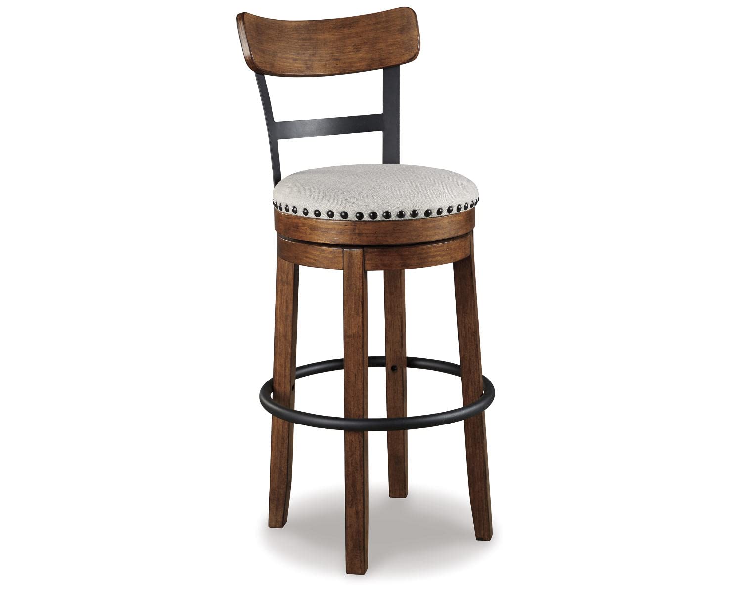 Photo 1 of Signature Design by Ashley Valebeck | 30? Farmhouse Pub-Height Swivel Barstool – Upholstered Cushion, Nailhead Trim, Metal & Wood Frame, Brown