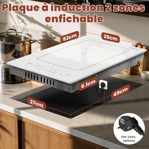 Karienvir Induction Hob 2 Hob with Socket, 30 cm Recessed Induction Hob, Dual Hob with Flexible Zone, Boost Function, Timer and Safety Lock, 220-240 V, 3500 W