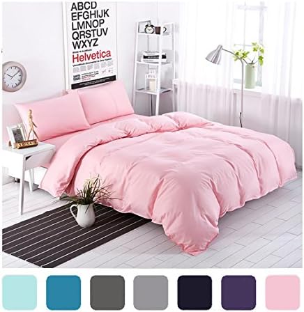 MIFE 4-Pieces Pink Bedding, Lightweight Micrifiber Solid Color Duvet Cover Set, Pink Bedding For Girls, One Flat Sheet One Duvet Cover Two Pillowcases (King, Pink)
