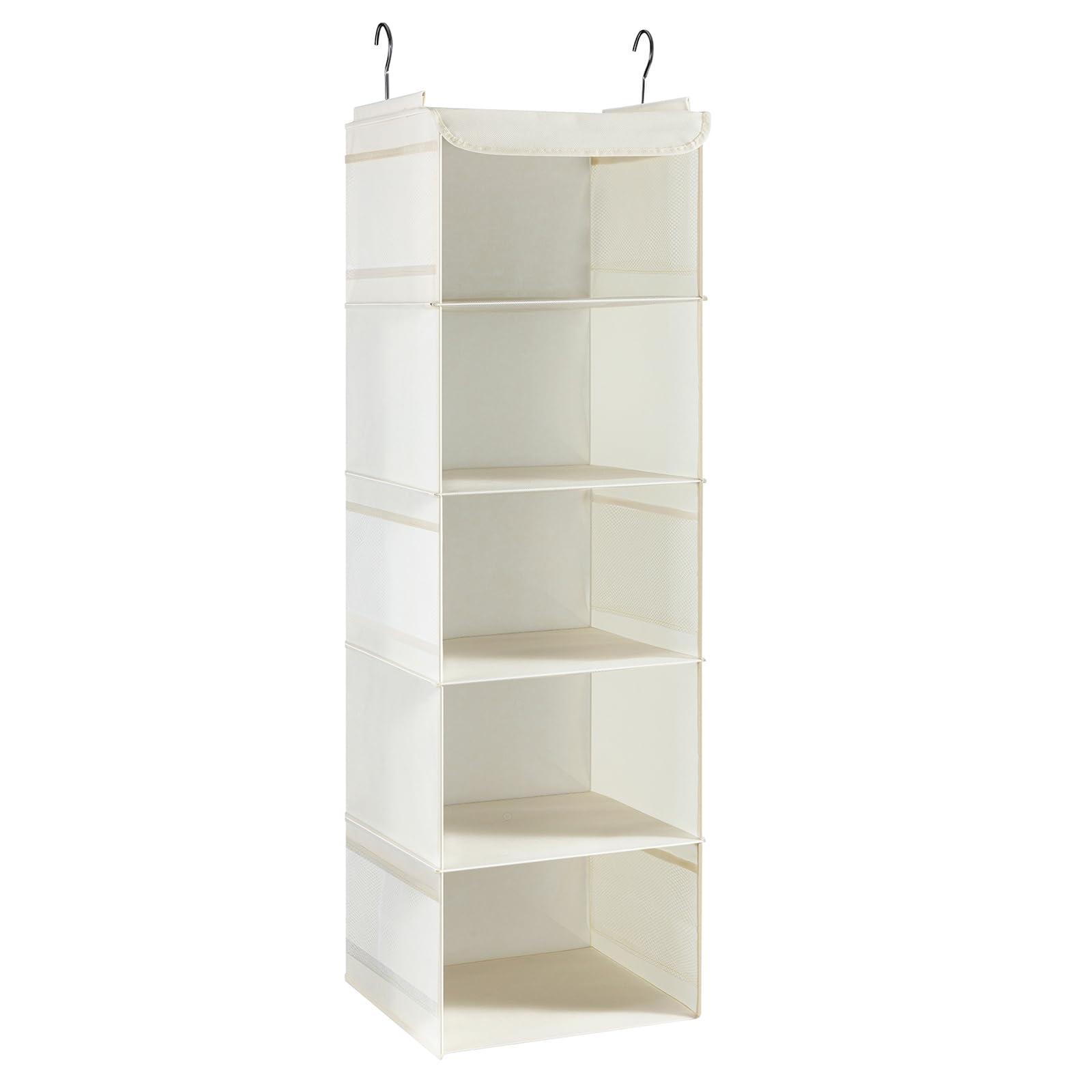 BrilliantJo Hanging Storage with 5 Shelves Wardrobe Closet Organiser, Storage Shelves Unit with 6 Pockets for Clothes - Beige(30 x 30 x 108cm)