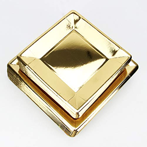 Pack of 100 Gold Disposable Shiny Foil Paper Plates, Square 9", Party Supplies for Appetizer, Lunch, Dinner, or Dessert