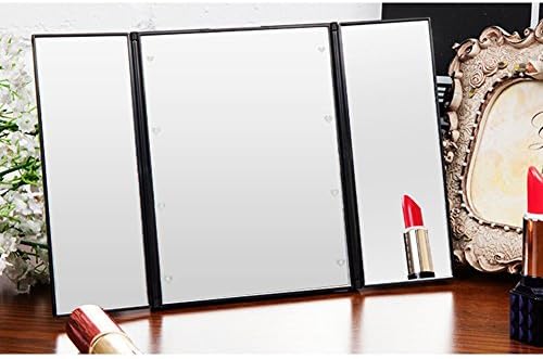 Tri-Fold Stand Make-up Mirror with 8 LED Lights Travel Compact Pocket Mirror Free Standing LED Lighted Cosmetic Illuminated Mirror Battery Included(Black)