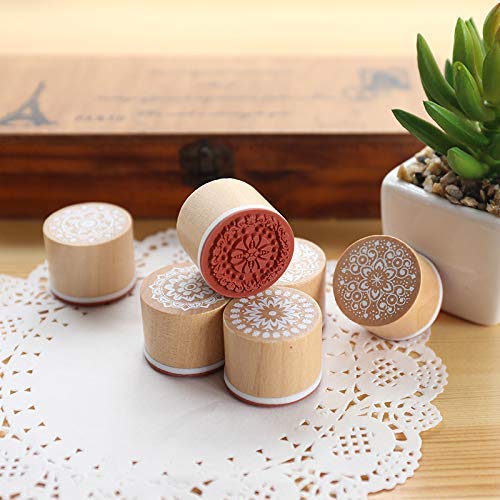 12Pcs Wooden Stamps Floral Pattern Rubber Stamp Round and Square Lace Wooden Rubber Stamp for Scrapbooking and DIY Craft Card