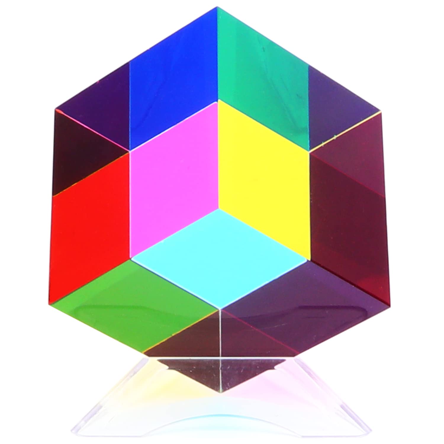 iKeelo Colour Cube (60mm) with Stand -Cyan, Magenta & Yellow Cube - Illustrates Subtractive Colour Model - Novelty Educational STEM Toy for Birthdays and Christmas