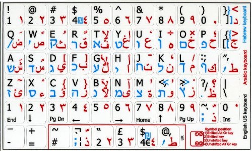 ARABIC - HEBREW - ENGLISH NON-TRANSPARENT KEYBOARD LABELS LAYOUT BLACK, WHITE OR GREY BACKGROUND FOR DESKTOP, LAPTOP AND NOTEBOOK (White Background)