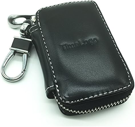 Car Key Chain Holder TimeLogo Black Premium Leather Coin Zipper Case Remote Wallet Bag Cover (SMOOTH)