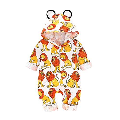 NUWFOR Toddler Infant Baby Boys Girls Cartoon Lion Print Hooded Romper Jumpsuit Outfits(White,12-18 Months)