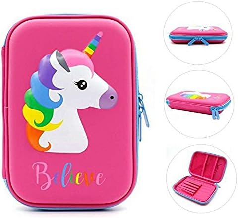 Cute Pencil Case Unicorn Kids Large Colored School Stationery Pen Box with Compartments for Students Teens Girls. (Pink)