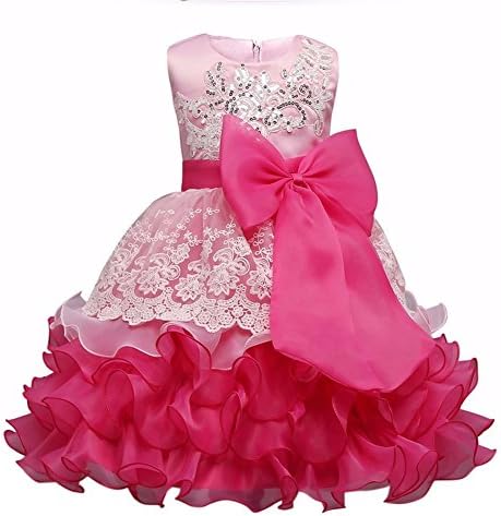 Tueenhuge Baby Girls Ruffles Lace Party Dress Vintage Embroidered Sequins Flower Wedding Birthday Dress Rose 6-7 Years 140