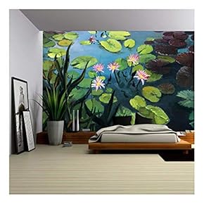 Colorful Pond with Beautiful Lotus Flowers and The Sky Reflection on The Water Surface - Removable Wall Mural | Self-Adhesive Large Wallpaper - 66x96 inches