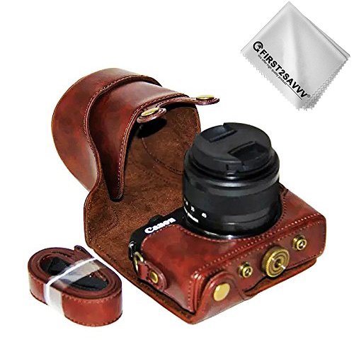 First2savvv full body Precise Fit PU leather digital camera case bag cover with should strap for Canon EOS M100 wish 15-45mm Lens + Cleaning cloth XJD-EOS M100-10