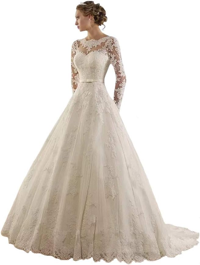 DingDingMailSunweddingdress Women's Jewel Lace Applique Long Sleeve Chapel Wedding Dress, Ivory, 6