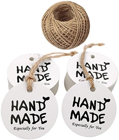 Handmade Tags,Gift Wrap Tags,100 Pcs Hand Made Especially for You Kraft Paper Round White Gift Tags with 100 Feet Jute Twine