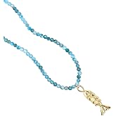 Mikovivi Boho Fish Necklace for Women, Adjustable Blue Natural Stone Beaded Necklace with Gold Fish Pendant Bohemian Beach Jewelry for Summer Vacation Swimwear Trendy Gift