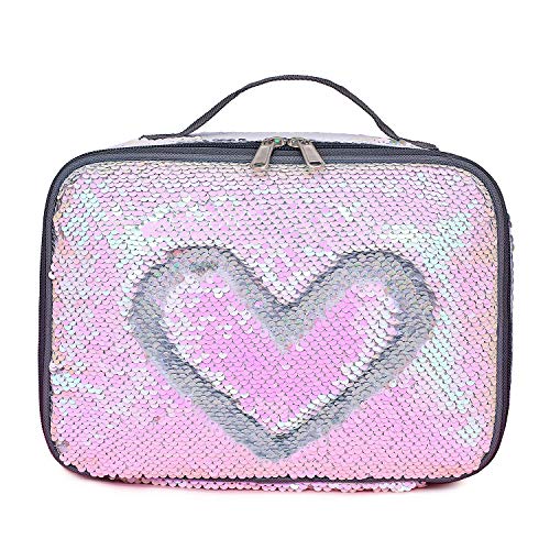 Manicer Sequin Lunch Box, Insulated Sparkle Lunch Bag Flip Color Change Reversible Fashion Lunch Tote, Ideal for Girls, Women and Kids - Laser Silver + Pink