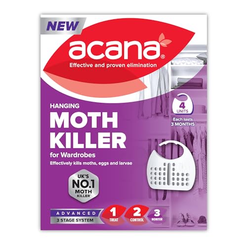 Acana Hanging Moth Killer & Freshener, 4 Pack - Lavender Fragrance, Natural Oils - For Wardrobes - Protects Clothing & Bedding - Each Lasts 6 Months