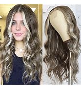Maycaur Cool Brown Wig Synthetic Lace Front Wigs Long Wavy Highlights Hair Wigs Platinum Blonde M...