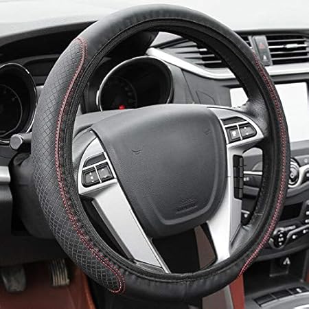 Amazon 車のステアリングホイールカバースリップ防止機能付き自動ステアリングホイールカバー抗スリップユニバーサルエンボス革車のスタイリング Red Line ハンドルカバー 車 バイク