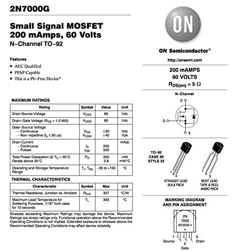 FAIRCHILD SEMICONDUCTOR 2N7000 N CHANNEL MOSFET, 60V, 200mA, TO-92 (10 pieces)
