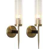 BOKT Modern Cylinder Sconces Wall Lighting Set of Two Mid Century Antique Brass Gold 1-Light Wall Sconce Set of 2 Clear Cryst