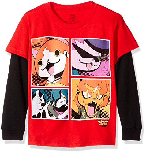 Yo Kai Watch Boys' Little Boys' Character Group Long Sleeve Two-Fer T-Shirt, Red/Black, Medium/5/6