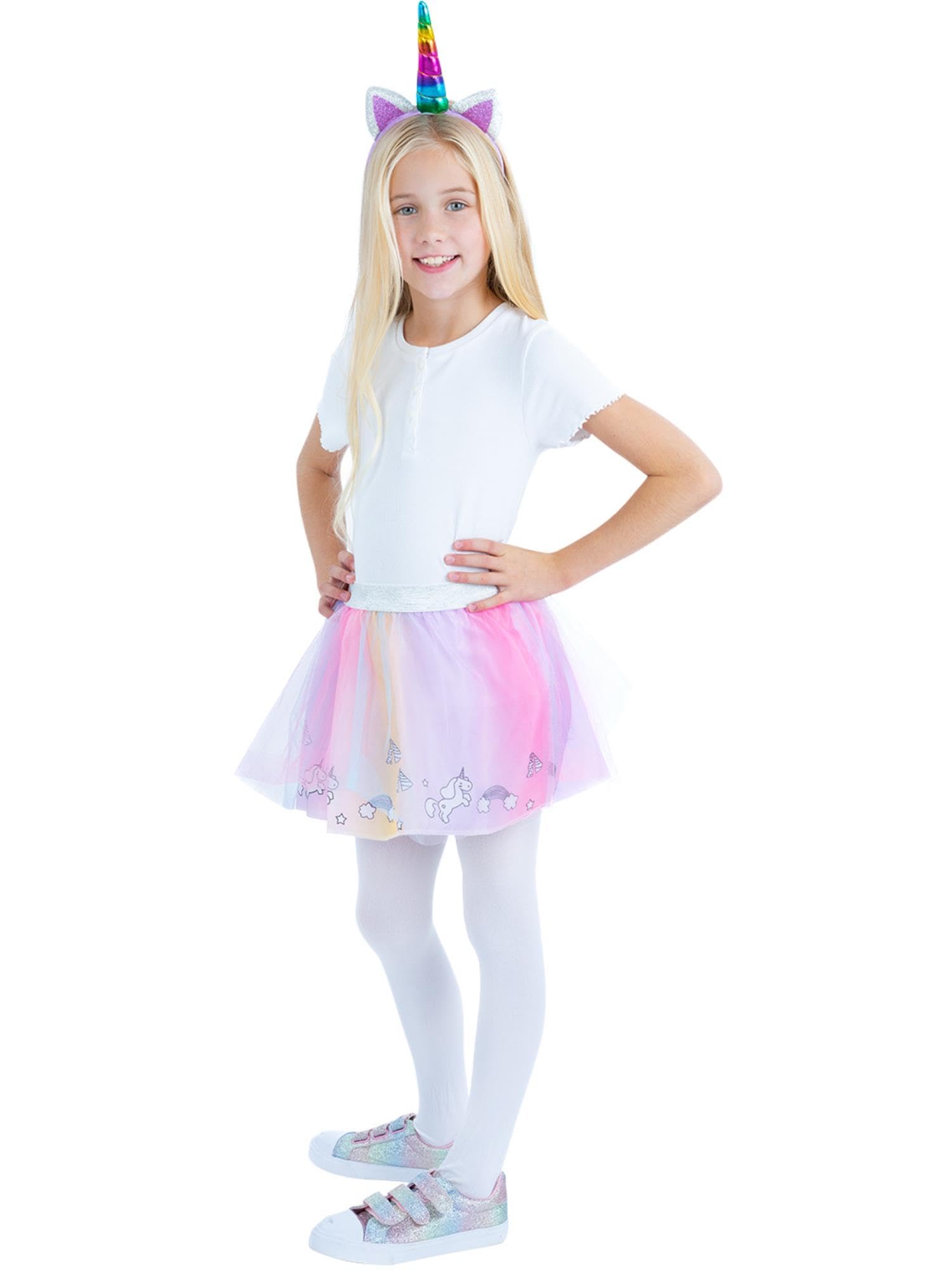 Smiffys Rainbow Unicorn Kit Printed Tutu & Headband, Girls Fancy Dress, Child Dress Up Accessories