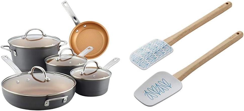 Ayesha Curry Home Collection Hard Anodized Nonstick Cookware Pots and Pans Set, 9 Piece, Charcoal Gray & Ayesha Collection Spatula Spoonula Set, 11.5-Inch, Two Piece, Mix Colors -