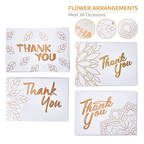 Thank You Cards Box Set - 40 Greeting Cards with Kraft Envelopes - Rose Gold/White Floral Design Note Cards - Best Thank You Notes for boy/girl Baby Shower, Men, Bridal, Wedding, Kids, Graduation
