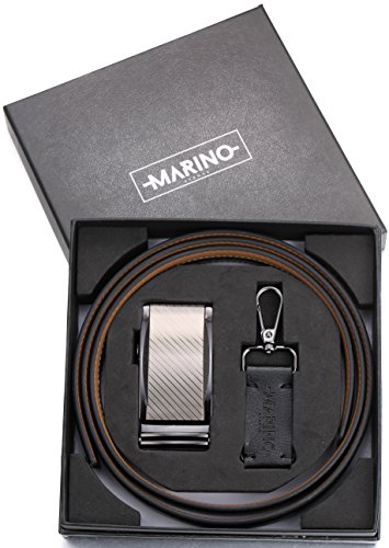 Marino Men's Genuine Leather Ratchet Dress Belt with Automatic Buckle, Enclosed in an Elegant Gift Box - Gunblack Silver Custom: Up to 44" Waist
