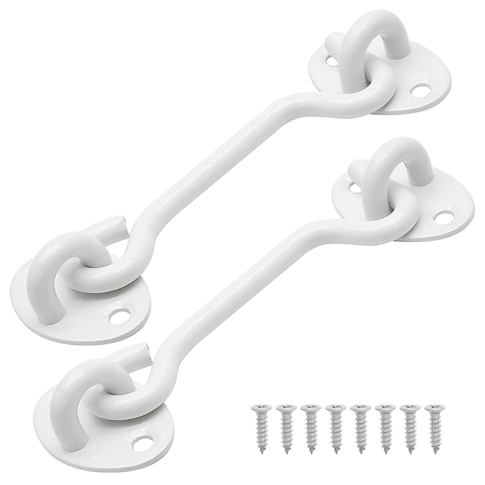 AUSYIWI 6inch Hook Locks 2 Pack - White Steel Door Latch Hooks for Doors, Windows, Gates & Sheds
