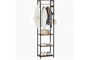 Cerlyunzan Coat Rack With Hanging Rod, Garment Rack With 3 Wooden Shelves and 4 Hooks, Freestanding Hall Tree, Industrial Clothes Rack Stand Organizer, Rustic Brown and Black