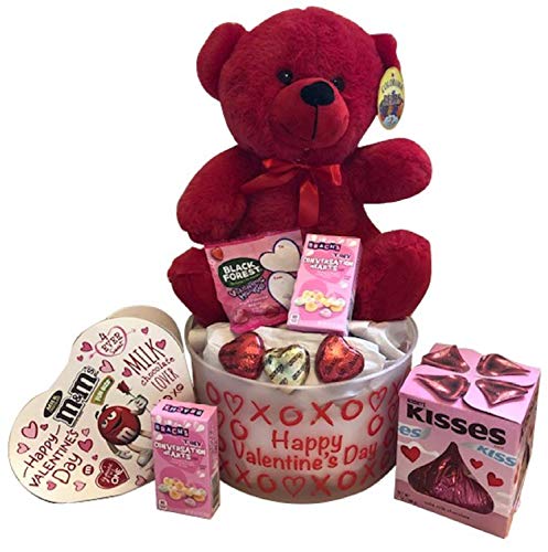 Valentine’s Day Gift Basket for Kids – Heart Shaped Chocolates M&M’s, Solid Milk Chocolate Hershey’s Kiss, Conversation Hearts, Reese’s, Gummies & Plush 9″ Red Teddy Bear