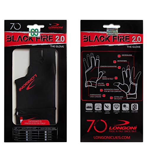 Longoni Black Fire 2.0 Billiard Pool CUE Glove - for Left or Right Hand - Black (Medium, for Left Hand)