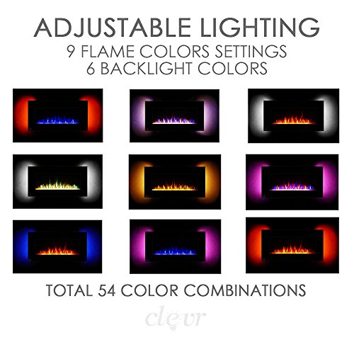 Clevr 48" Adjustable Electric Wall Mount Fireplace Heater, 750-1500W Mordern Black Heat, Decorative Crystals, Adjustable Front and Back Light Color, 48 Inch Wide, On Wall Hanging, 3D Flame Effect