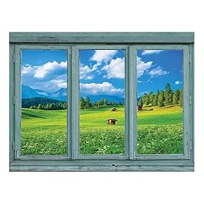 Yellow and Green Meadow with a Forest and Mountains in The Distance - Wall Mural, Removable Sticker, Home Decor - 24x32 inches