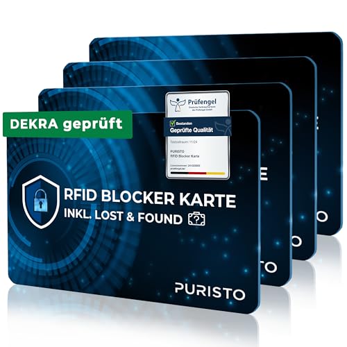 519PE6kj2CL Puristo® Rfid Blocker Karte (4Er Set) - Dekra Geprüft - 2In1 Inkl. Lost &Amp; Found Service - Nfc Schutz Für Kreditkarten, Ec Karten &Amp; Ausweise - Ultra-Dünner Data Blocker - Portemonnaie Rfid-Blocker