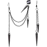 Asymmetry Rivet Earrings for Women Punk Y2K Black Dangle Ear Clips Earrings Fashion Goth Punk Tassel Chain Ear Cuff Earrings
