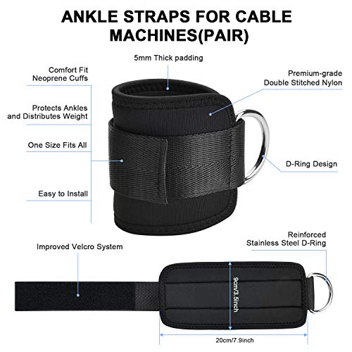 Yizhet 2PCS Ankle Straps for Cable Machines Weightlifting Gym Workout Fitness Double D-Ring Neoprene Padded Ankle Cuffs for Legs, Abs and Glute Exercises with Carry Bag Fits Men&Women
