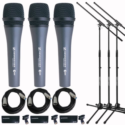 Sennheiser 3x e 835 Wired Cardioid Handheld Dynamic Lead Vocal Stage Microphone - With 3x Pyle PPMCL15 15ft Symmetric Microphone Cable XLR Female to XLR Male, 3x Samson MK10 Lightweight Boom Mic Stand