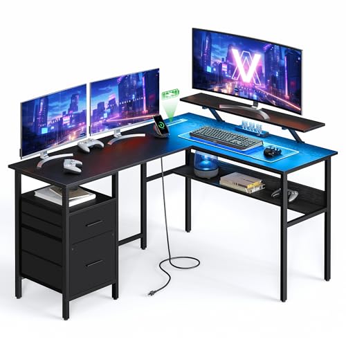 VASAGLE L-Shaped Desk with Power Outlets, Computer Desk with Monitor Stand, Corner Desk, Gaming Desk with LED Lights, 2 Drawers, Easy to Assemble, for Home Office, Ebony Black ULWD095B56